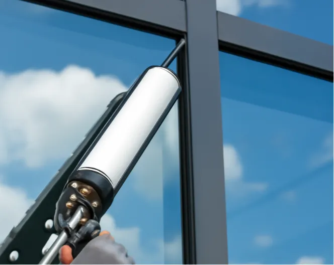 A close-up of a construction worker applying silicone sealant to a modern glass facade using a caulking gun