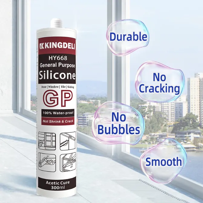 HY-668 general purpose acetic silicone sealant displayed for indoor window projects, featuring durable, smooth, no-bubble, and no-cracking performance