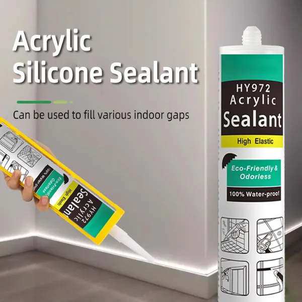 HY972 acrylic silicone sealant used to fill indoor gaps along floor and wall joints, highlighting its high elasticity and eco-friendly formula