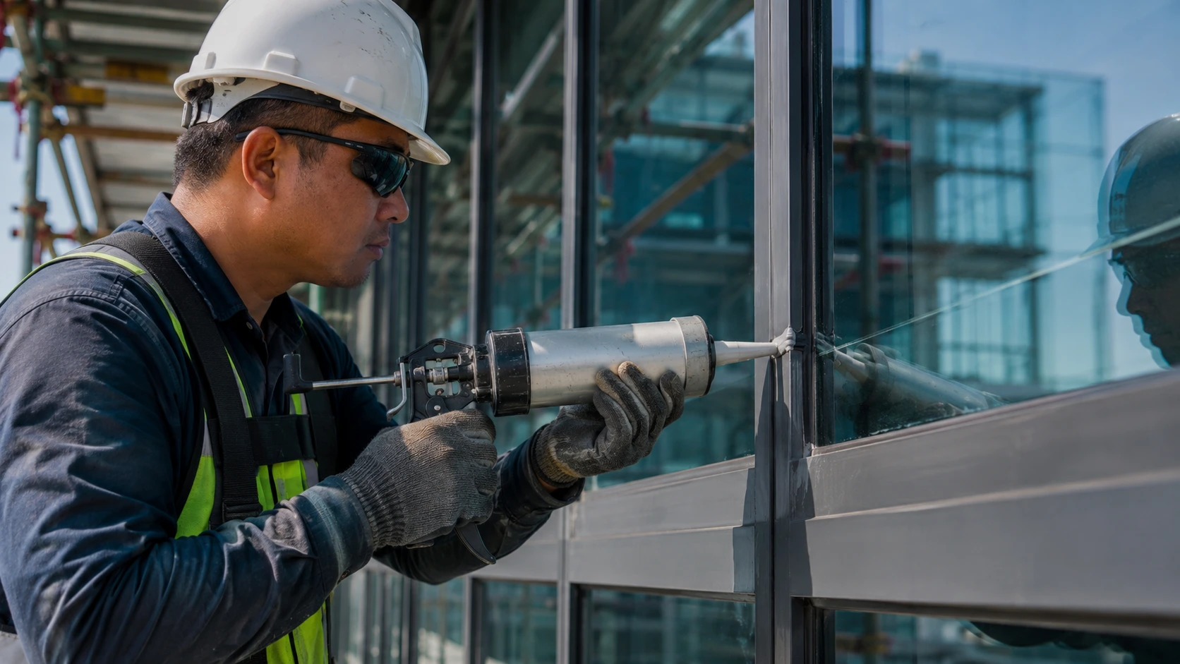 Construction worker sealing glass window seam
